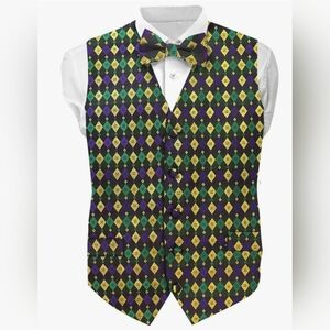 Mardi Gras Vest Kit for Men,Adult Mardi Gras Outfit with Bow Tie & Pocket Square